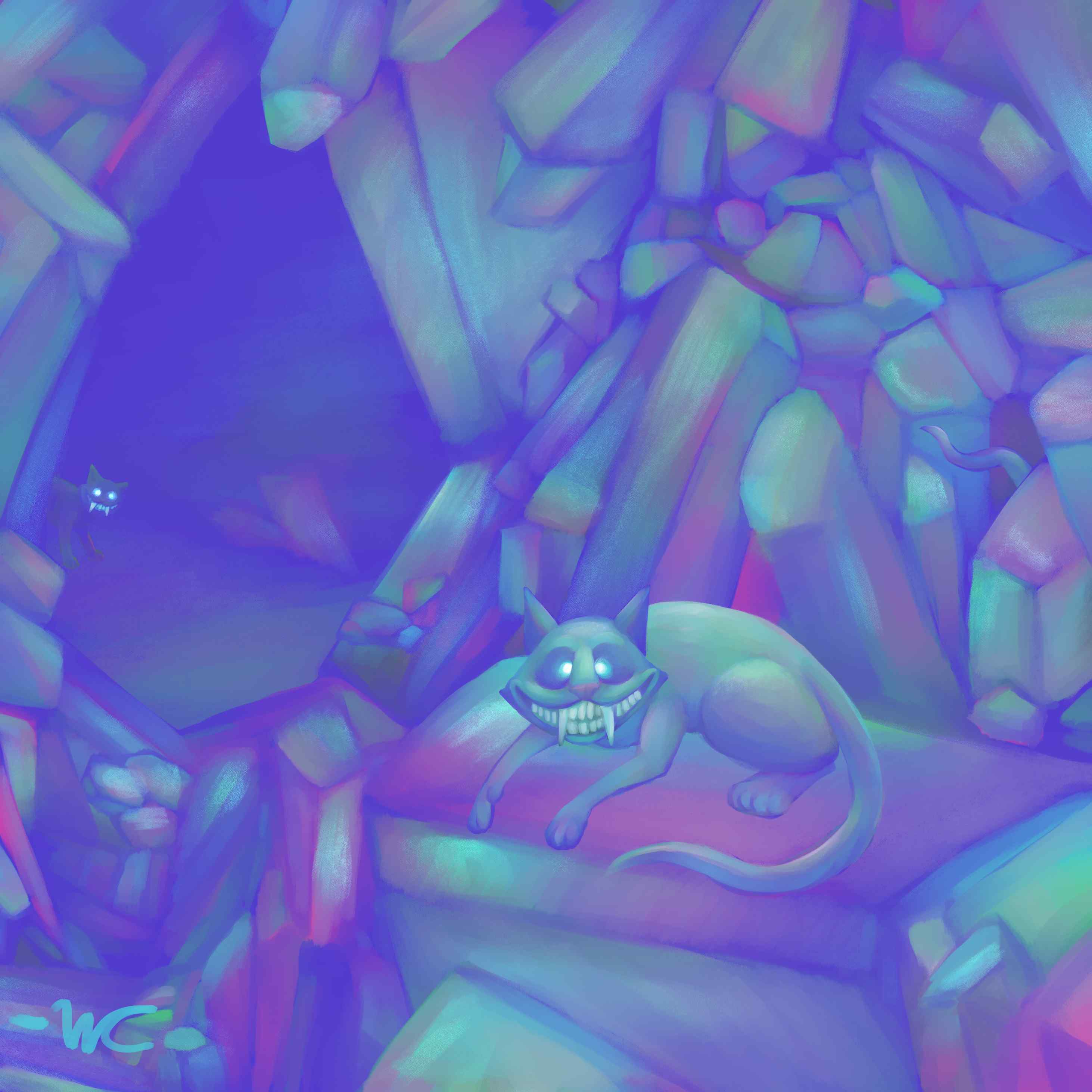 A digital painting of the interior of a crystal cave. Sat atop one crystal is a somewhat creepy looking cat with a big grin and glowing blue eyes. You can also see one in the background; obscured by the dark. The entire painting uses a limited palette of bright blue, pink and green, electric indigo, and white.
